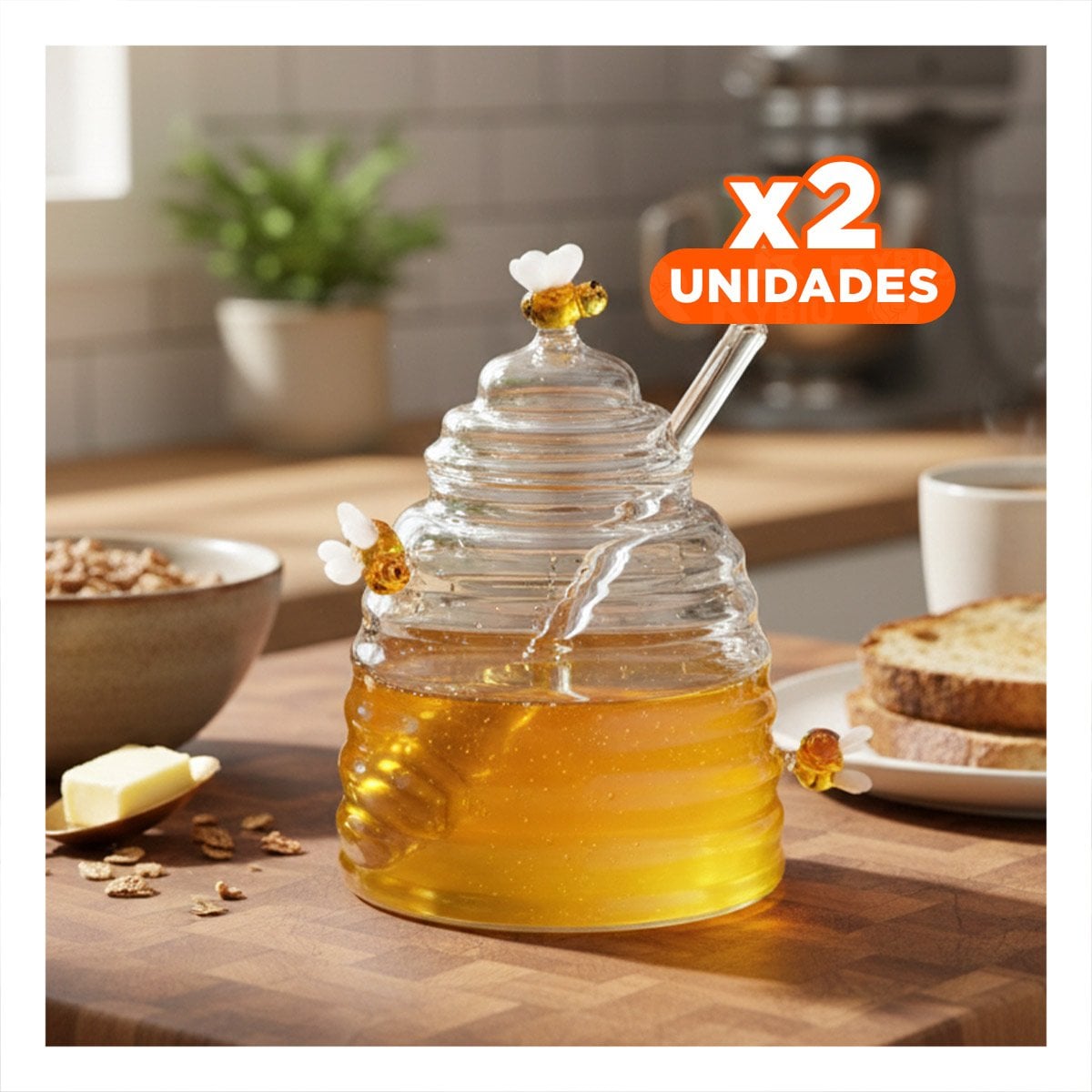 PACK2 RECIPIENTE MIELERO TRANSPARENTE CON ESTILO DE PANAL PARA MESA YPAPEL REGALO - 1