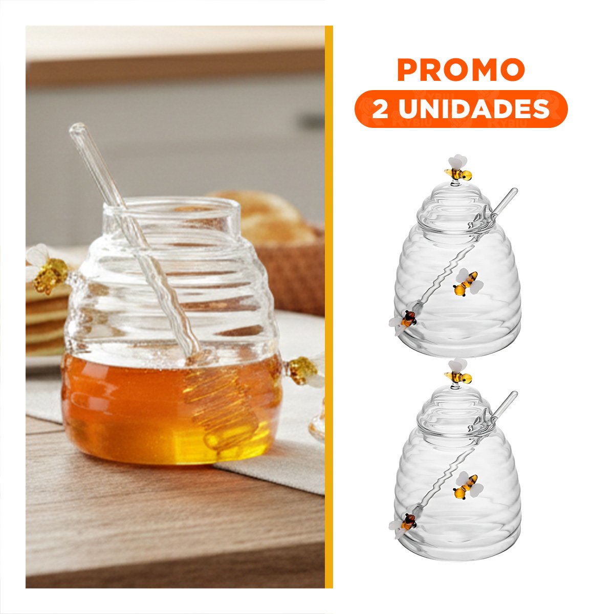 PACK2 ENVASE MIELERO TRANSPARENTE CON DETALLE DE ABEJAS PARA COCINA YREGALO STICKER - 1
