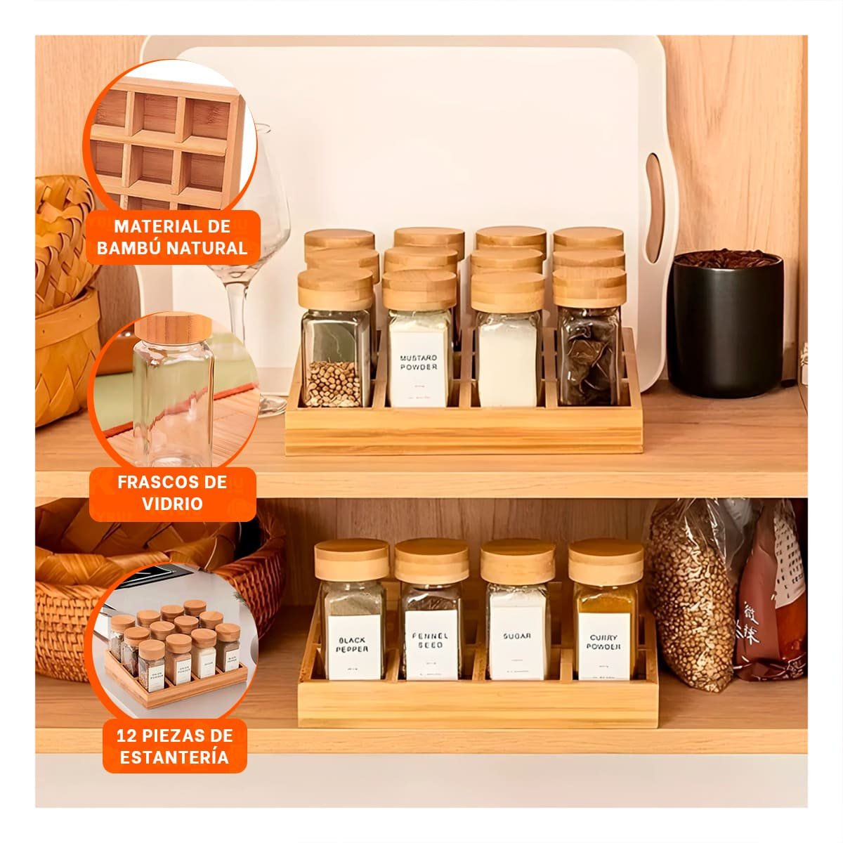 PACK2 CONDIMENTERO DECORATIVO CON 12 FRASCOS Y BANDEJA PARA COCINA - 5