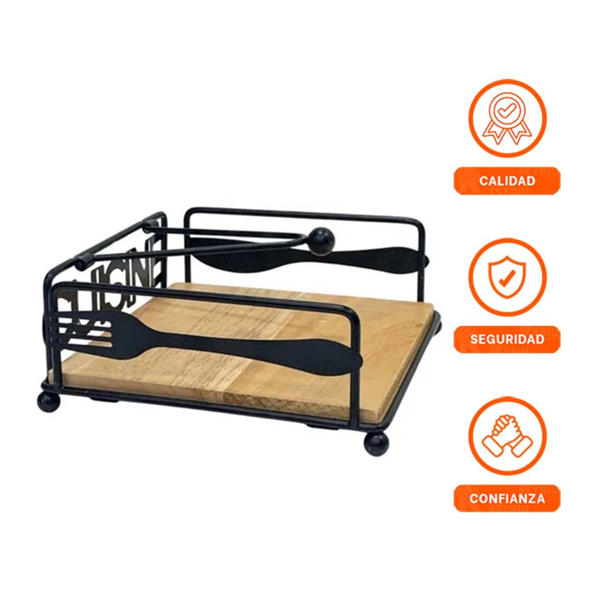 SOPORTE PARA SERVILLETAS DE MADERA Y ACERO NEGRO PARA COCINA MODERNA YPAPEL REGALO - 5