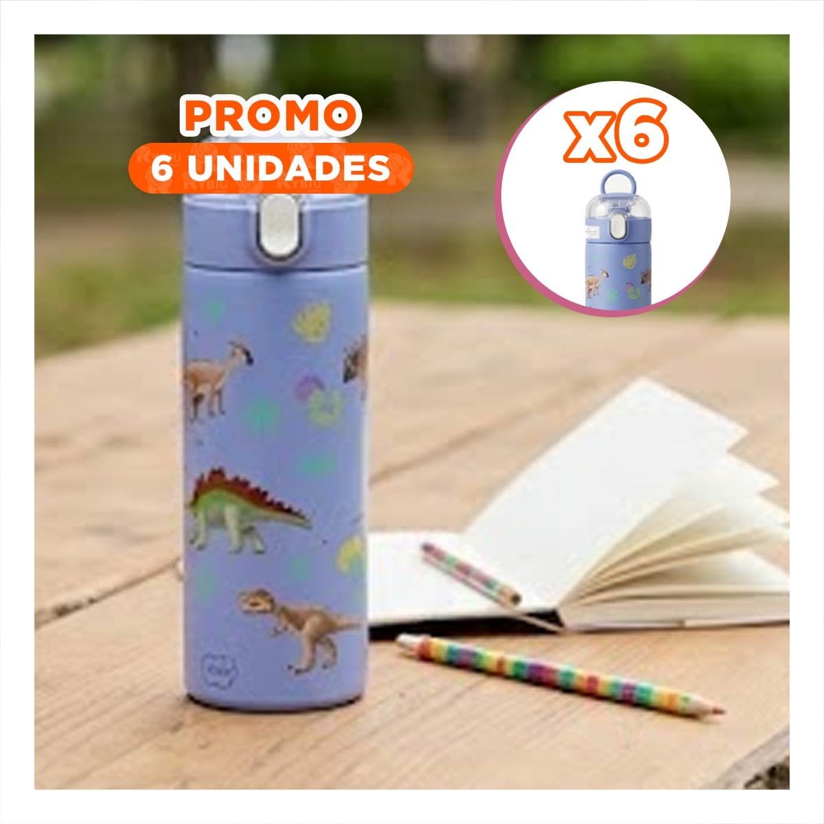 PACK6 FRASCO PORTATIL 420ML DINOSAURIO AZUL PARA BEBIDAS EN EXCURSIONES - 1
