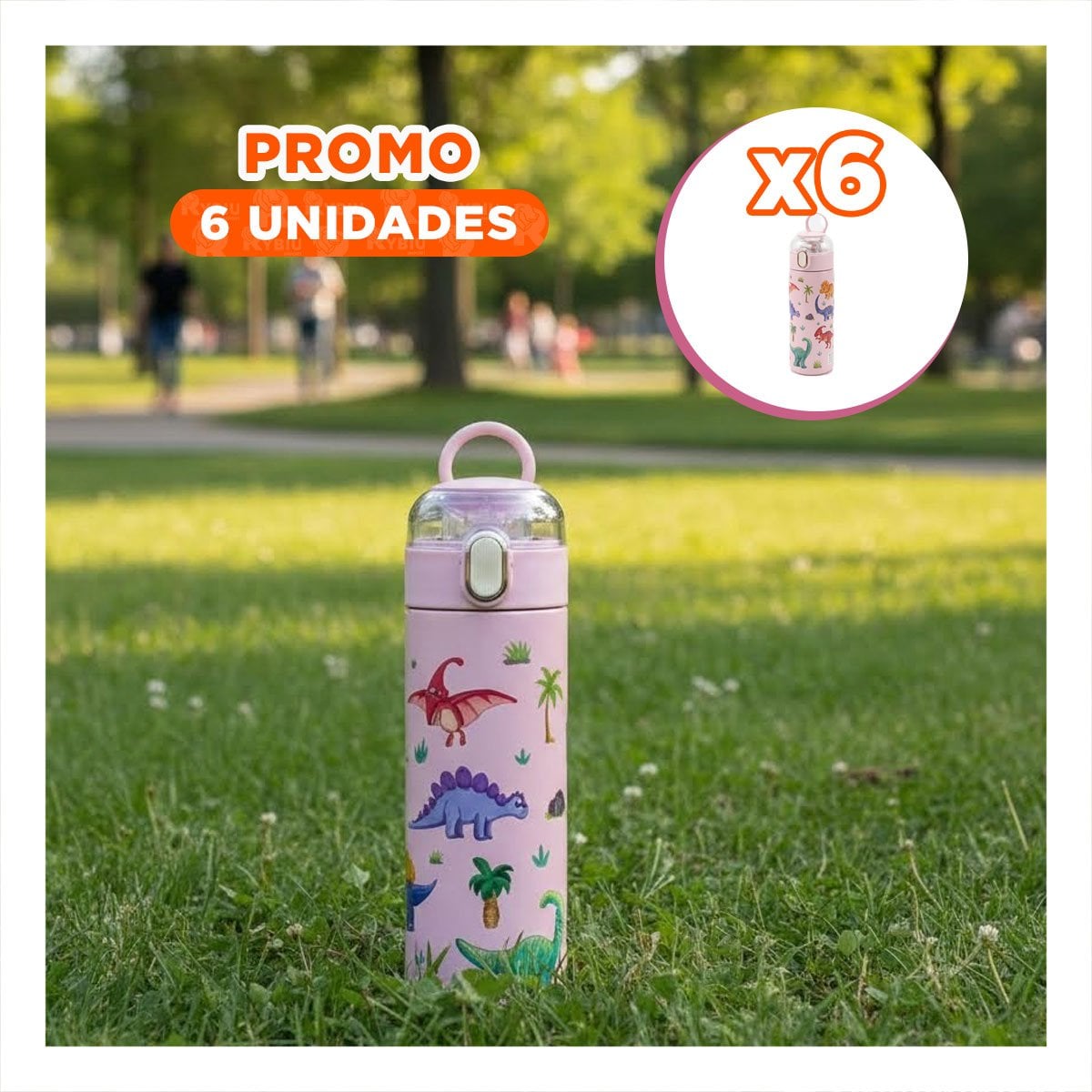 PACK6 FRASCO PORTATIL 420ML DINOSAURIO ROSADO PARA BEBIDAS EN EXCURSIONES - 1