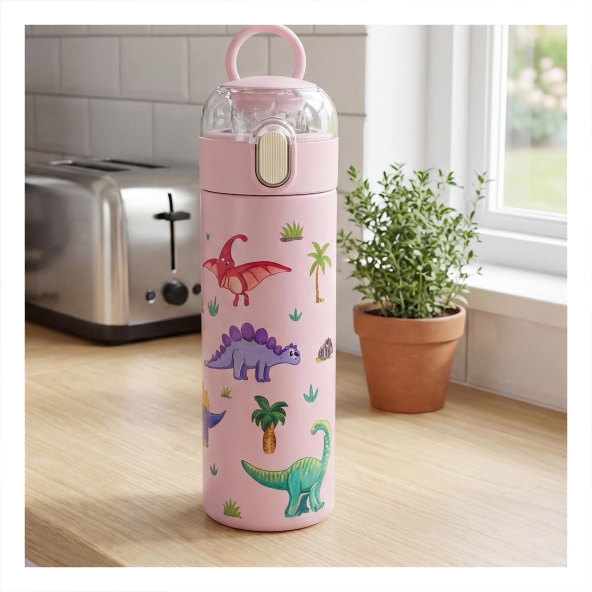 PACK6 FRASCO PORTATIL 420ML DINOSAURIO ROSADO PARA BEBIDAS EN EXCURSIONES - 3
