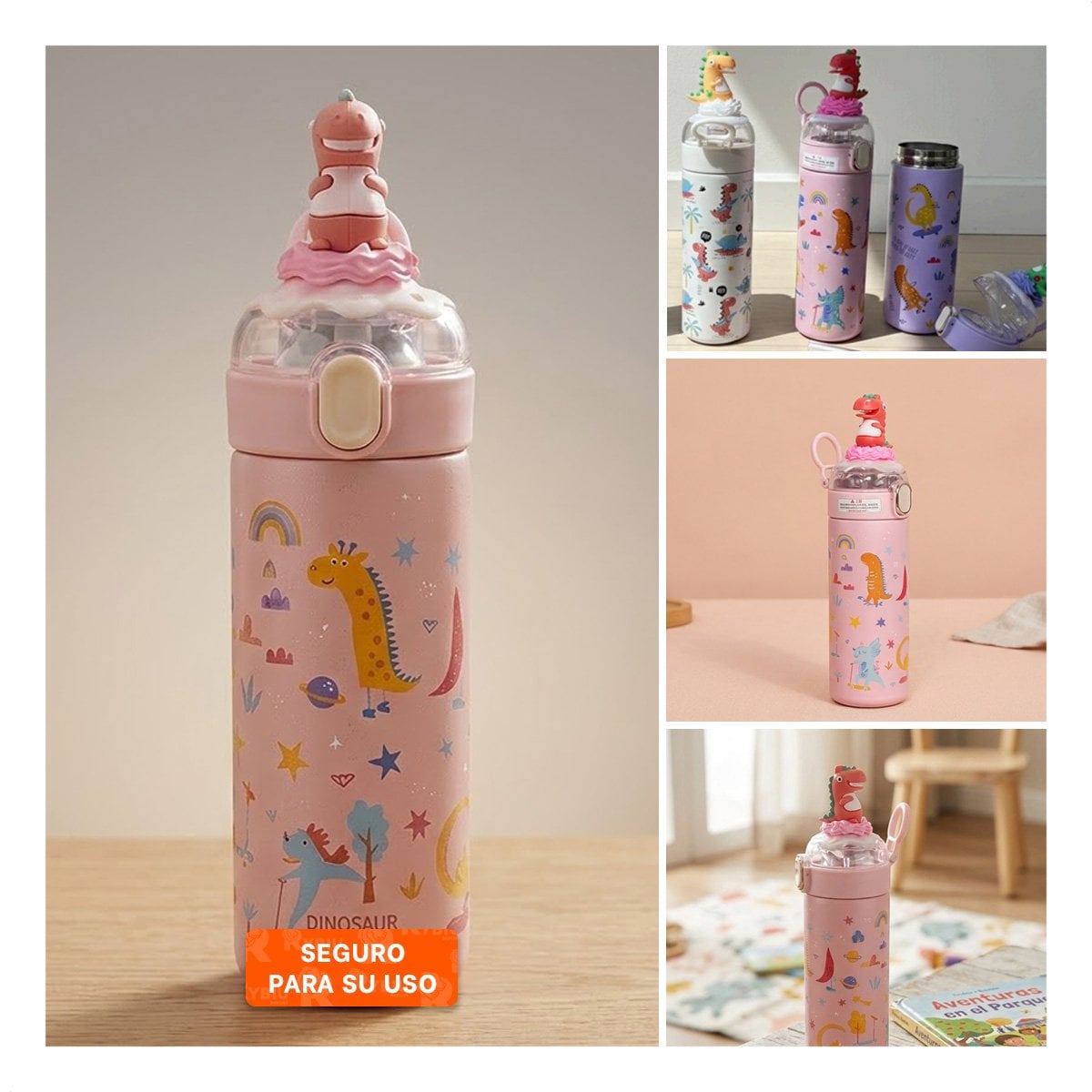 TERMO PORTATIL 420ML DINOSAURIO 3D ROSADO PARA NINOS CON SEGURA YSTICKY - 2
