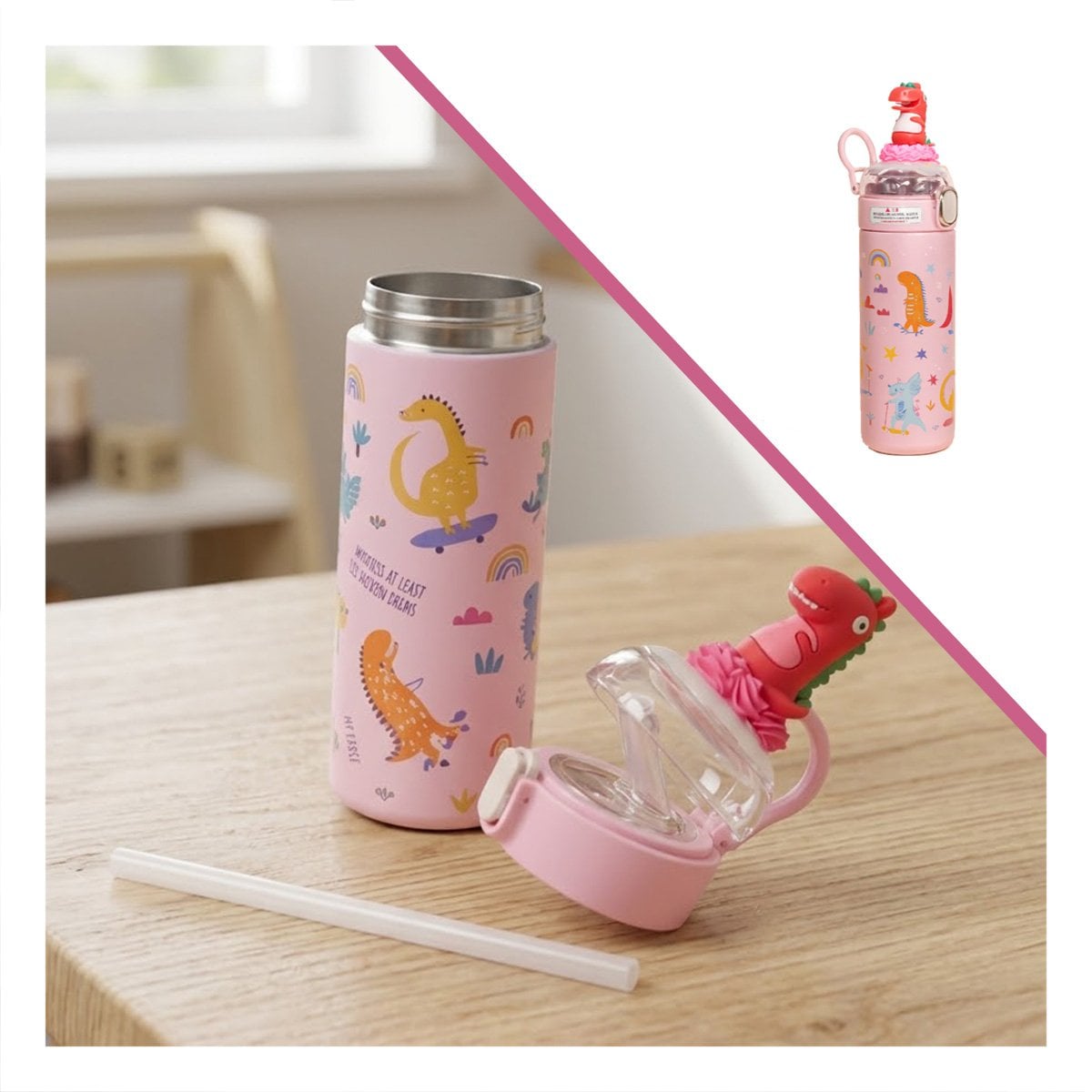 TERMO PORTATIL 420ML DINOSAURIO 3D ROSADO PARA NINOS CON SEGURA YSTICKY - 5