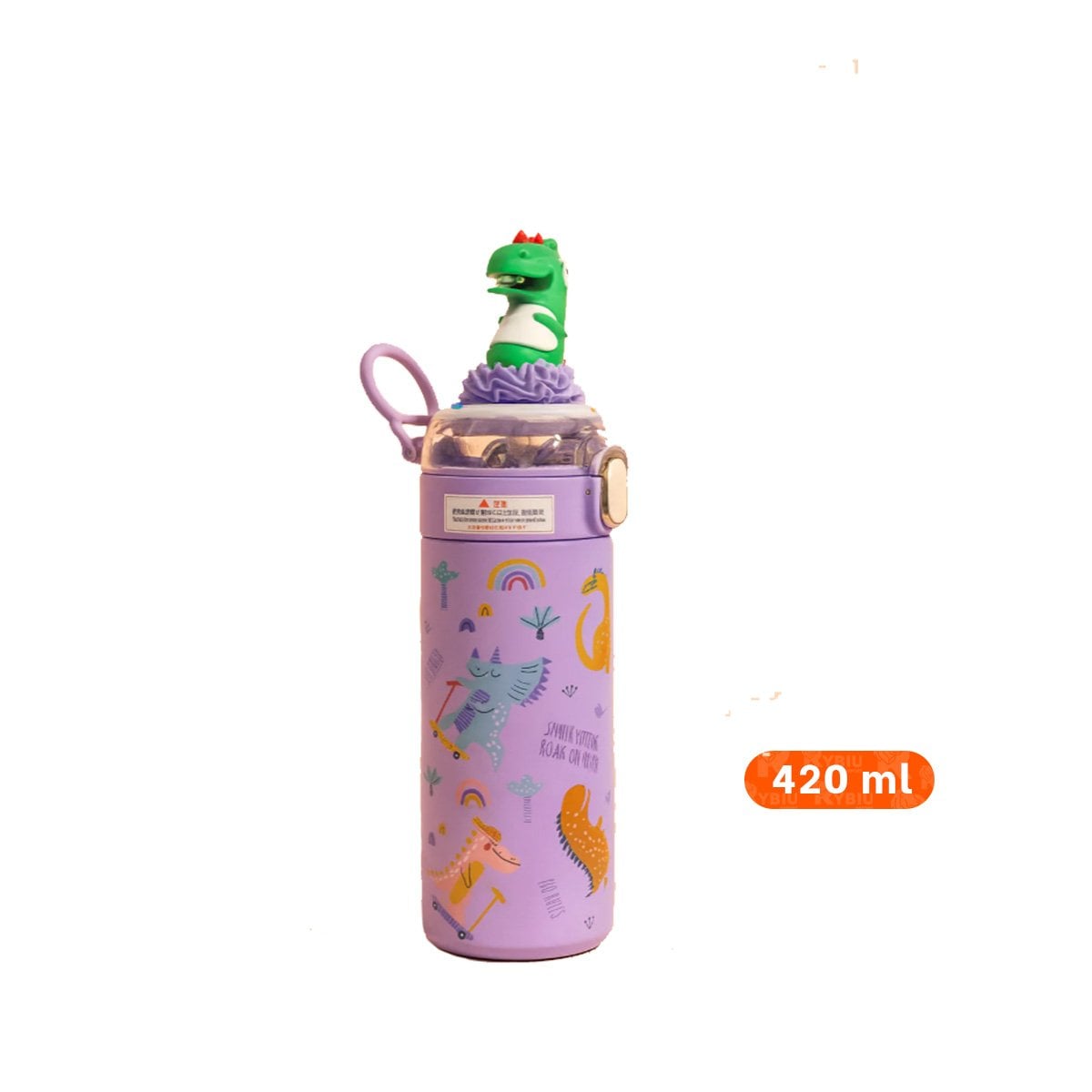 TERMO PORTATIL 420ML DINOSAURIO 3D LILA PARA NINOS CON SEGURA YSTICKY - 4