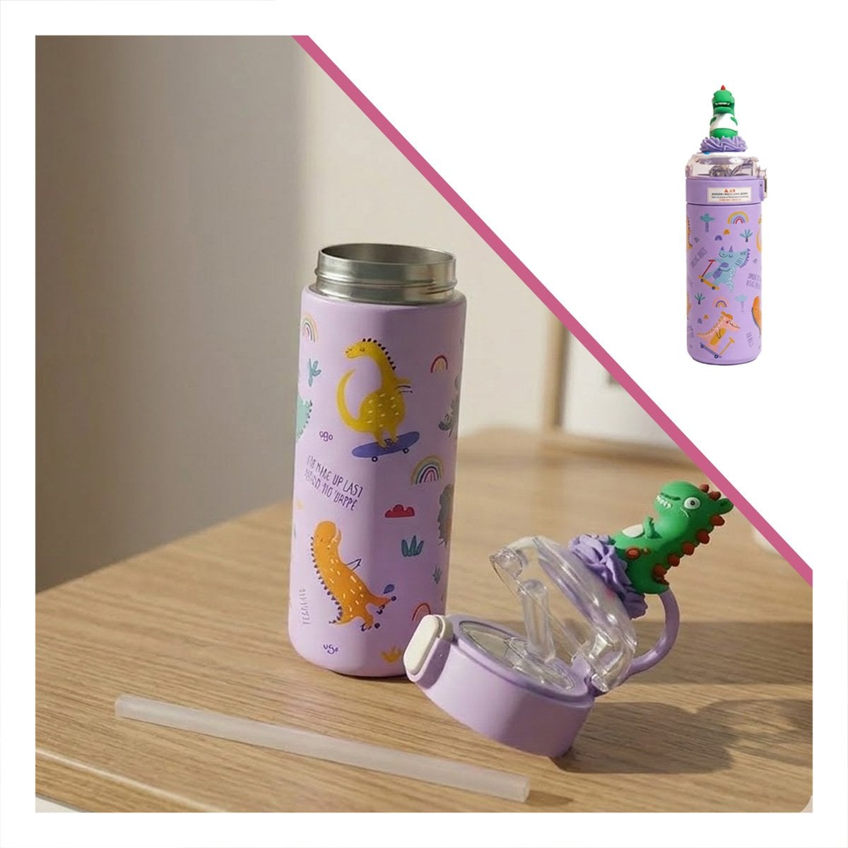 TERMO PORTATIL 420ML DINOSAURIO 3D LILA PARA NINOS CON SEGURA YSTICKY - 5