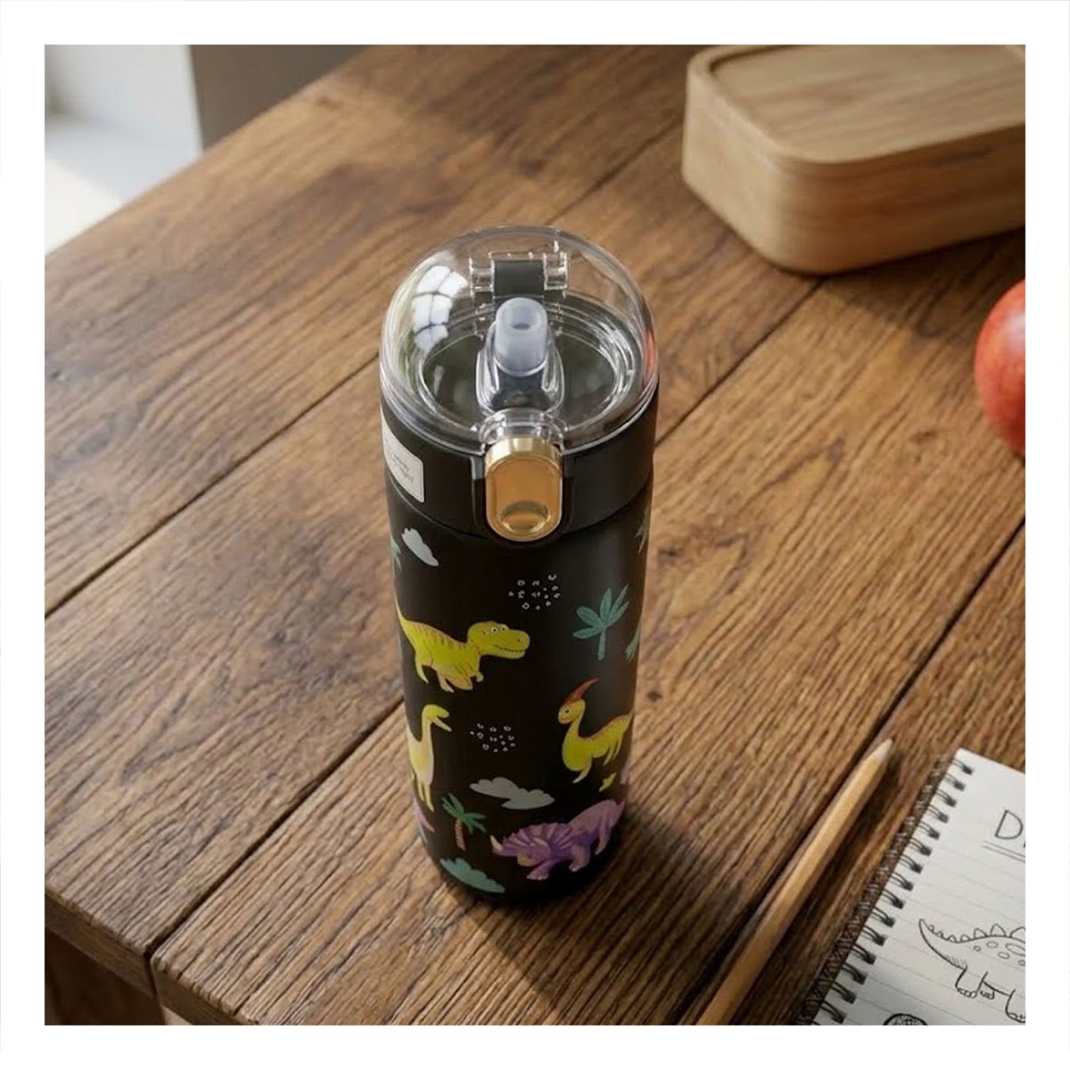 TERMO INFANTIL 420ML DINOSAURIO NEGRO CON DISENO COLORIDO PARA NINOS YPAPEL REGALO - 1