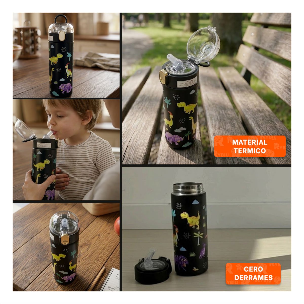 TERMO INFANTIL 420ML DINOSAURIO NEGRO CON DISENO COLORIDO PARA NINOS YPAPEL REGALO - 3