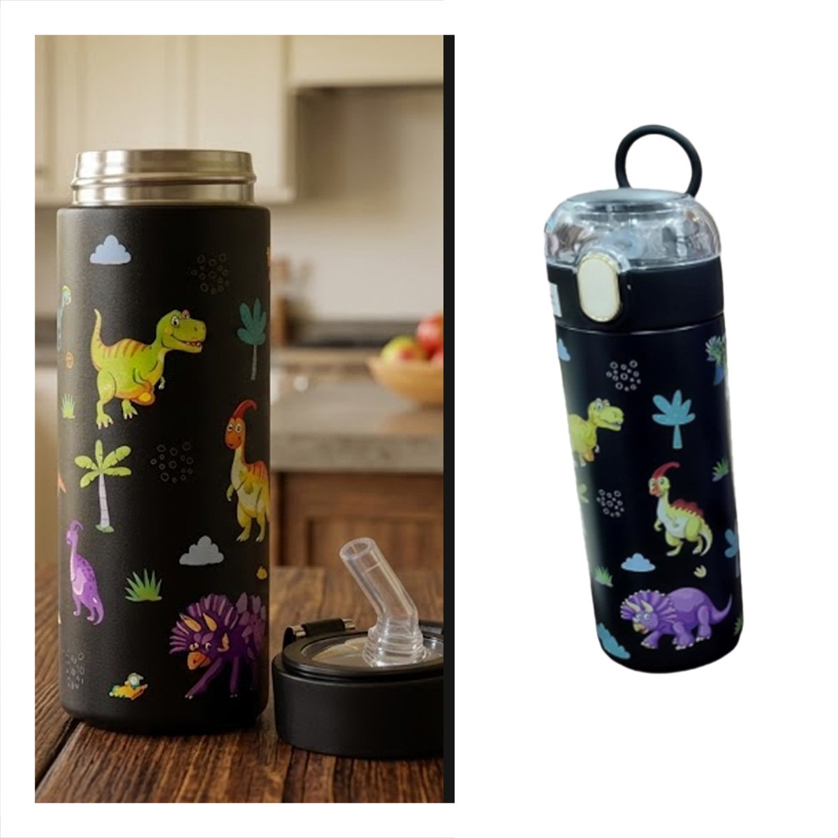 TERMO INFANTIL 420ML DINOSAURIO NEGRO CON DISENO COLORIDO PARA NINOS YPAPEL REGALO - 5