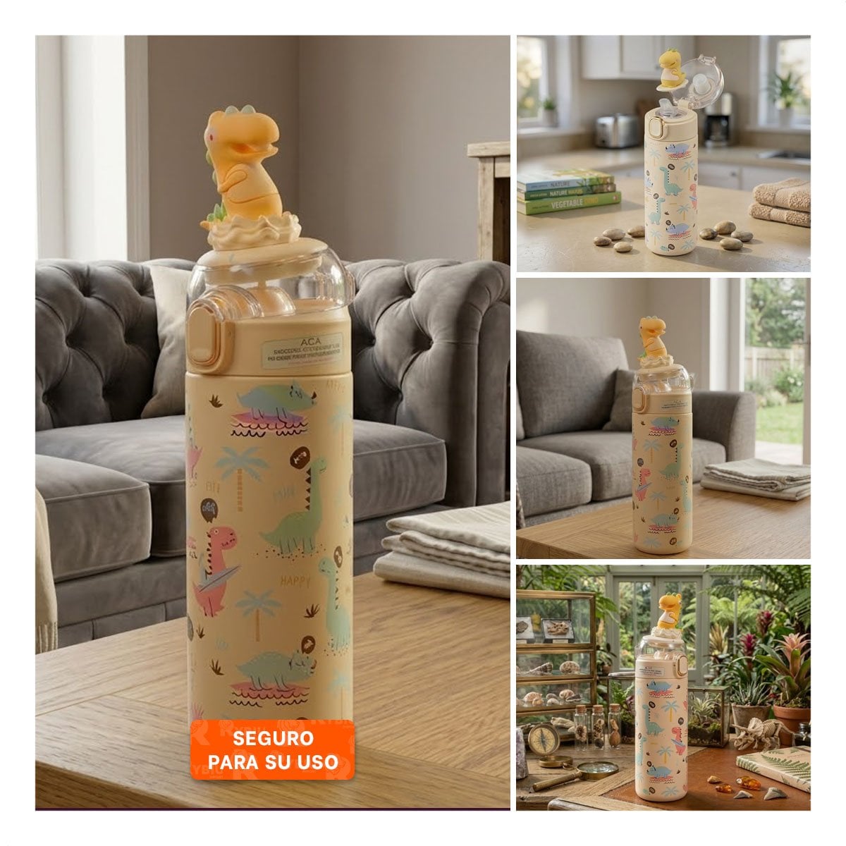 TERMO ESCOLAR 420ML DINOSAURIO 3D CREMA PARA BEBIDAS FRIAS Y CALIENTES YLIGAS REGALO - 1