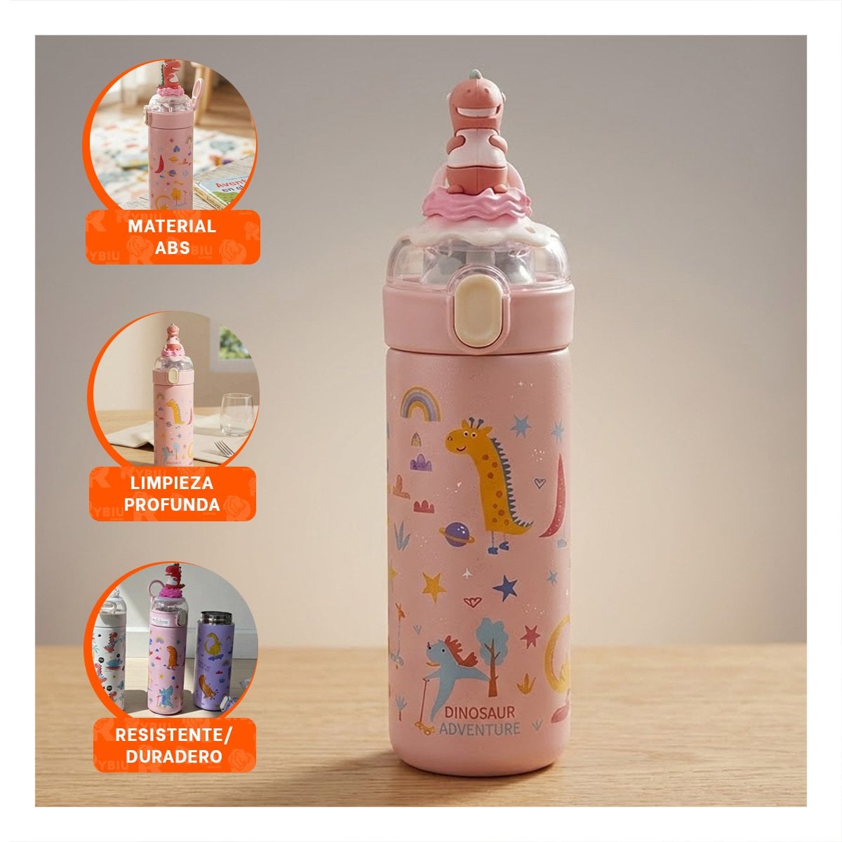 PACK2 COPO PORTATIL 420ML DINOSAURIO 3D ROSADO PARA NINOS CON TAPA HERMETICA YPAPEL REGALO - 2