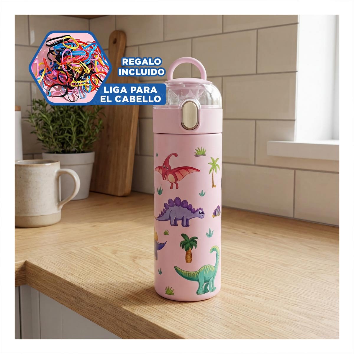 TERMO ESCOLAR 420ML DINOSAURIO ROSADO PARA BEBIDAS FRIAS Y CALIENTES YLIGAS REGALO - 2
