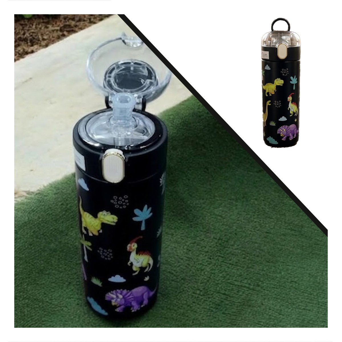 TERMO PORTATIL 420ML DINOSAURIO NEGRO PARA NINOS CON SEGURA YSTICKY - 5