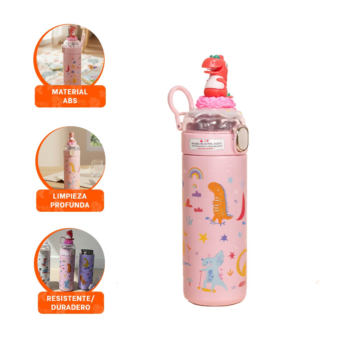 PACK12 CONTENEDOR INFANTIL 420ML DINOSAURIO 3D ROSADO PARA AGUA Y JUGOS YREGALO STICKER - 2