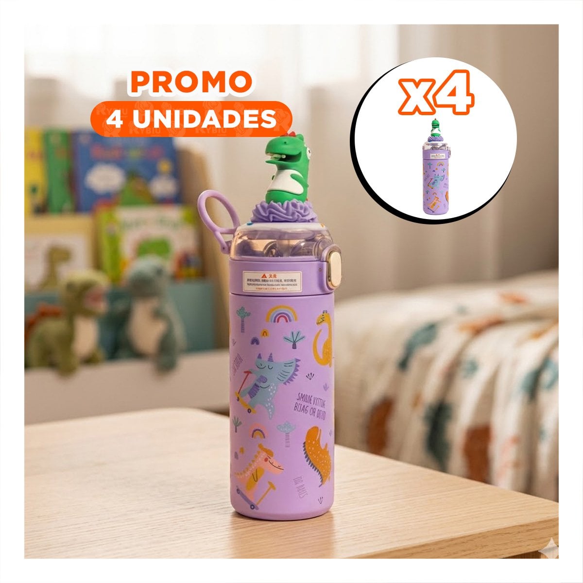 PACK4 COPO DIVERTIDO 420ML DINOSAURIO 3D LILA PARA NINOS EN ESCUELA Y HOGAR YPAPEL REGALO - 1