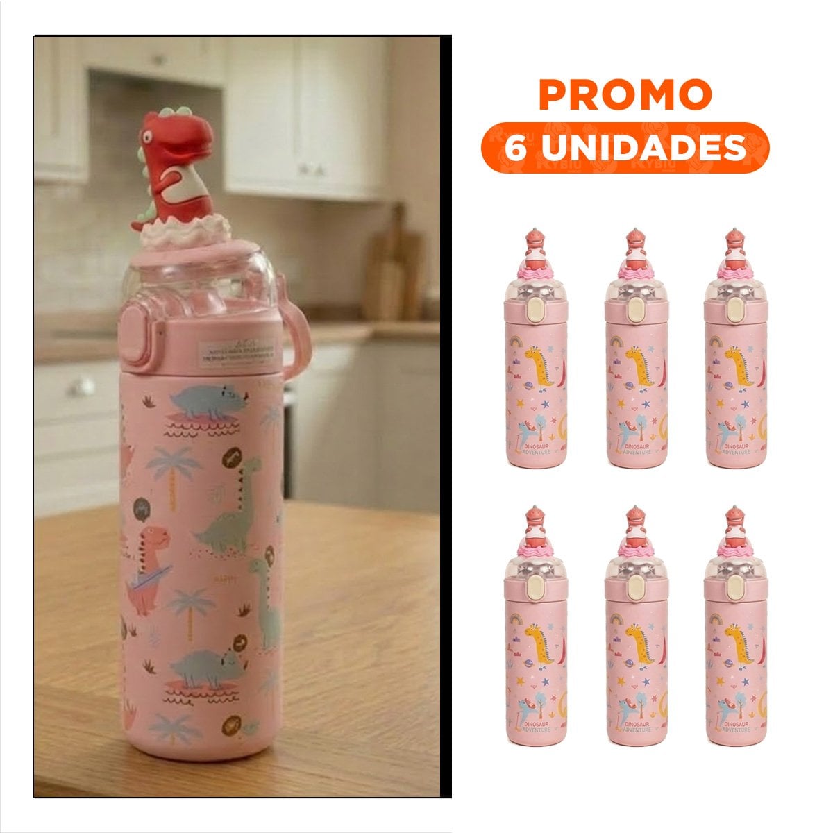 PACK6 FRASCO DIVERTIDO 420ML DINOSAURIO 3D ROSADO PARA NINOS CON HERMETICA YREGALO STICKER - 1