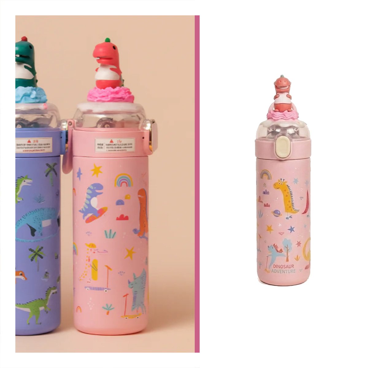 TERMO INFANTIL 420ML DINOSAURIO 3D ROSADO CON DISENO COLORIDO PARA NINOS YPAPEL REGALO - 5