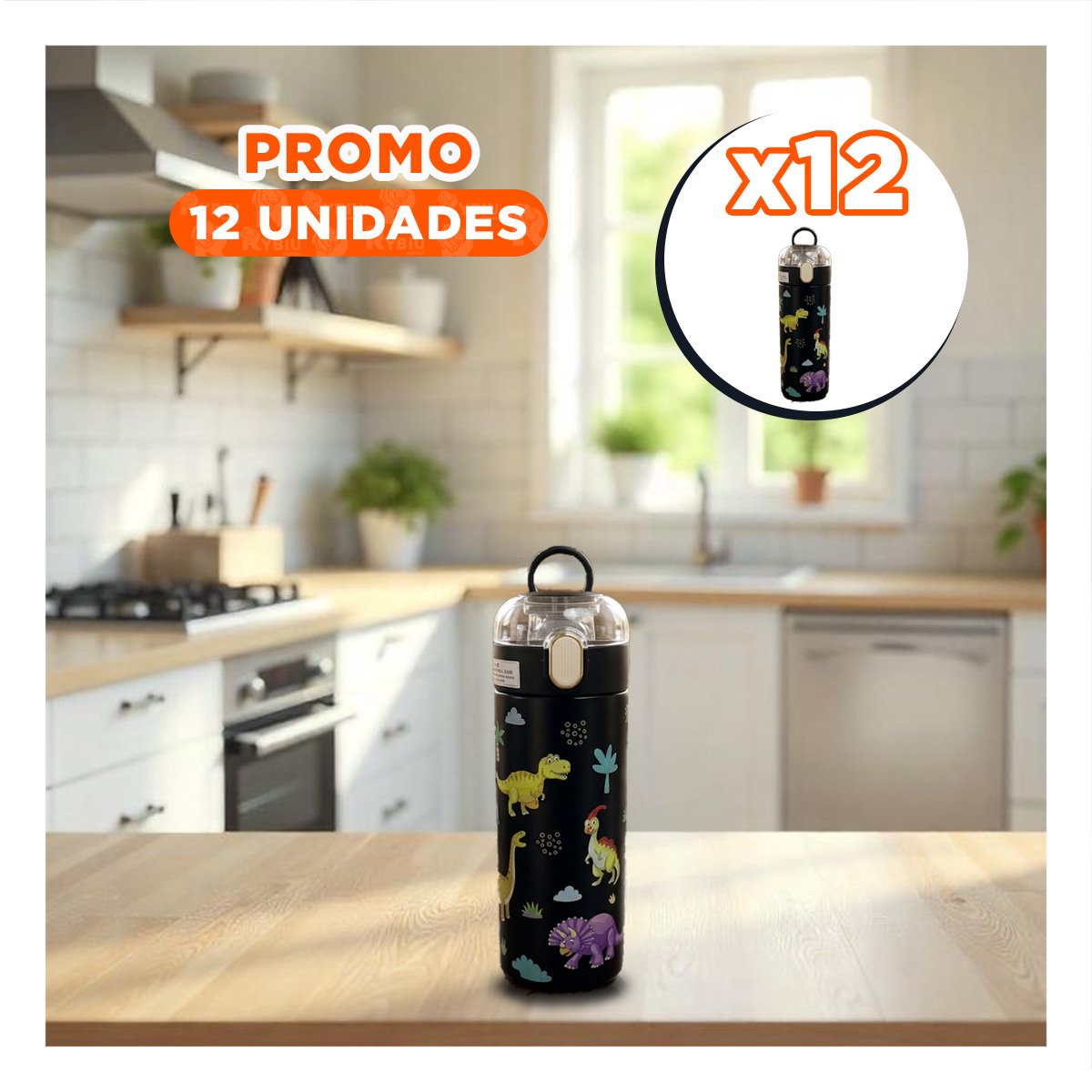 PACK12 CONTENEDOR INFANTIL 420ML DINOSAURIO NEGRO PARA AGUA Y JUGOS EN CASA YREGALO STICKER - 1