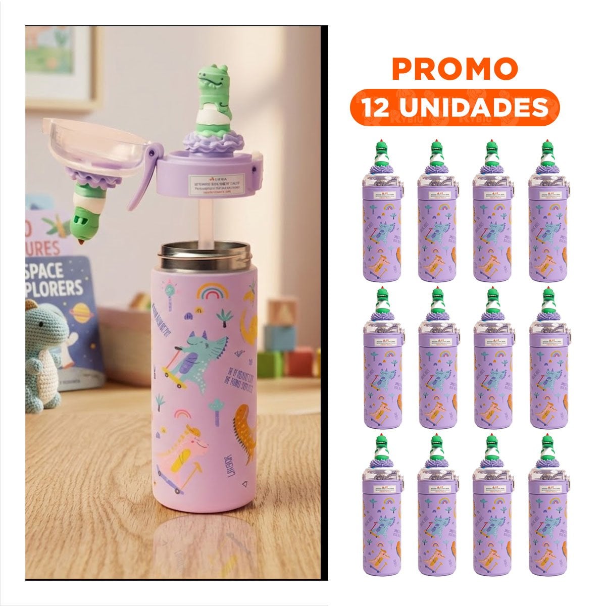 PACK12 FRASCO DIVERTIDO 420ML DINOSAURIO 3D LILA PARA USO ESCOLAR Y EXCURSIONES - 1