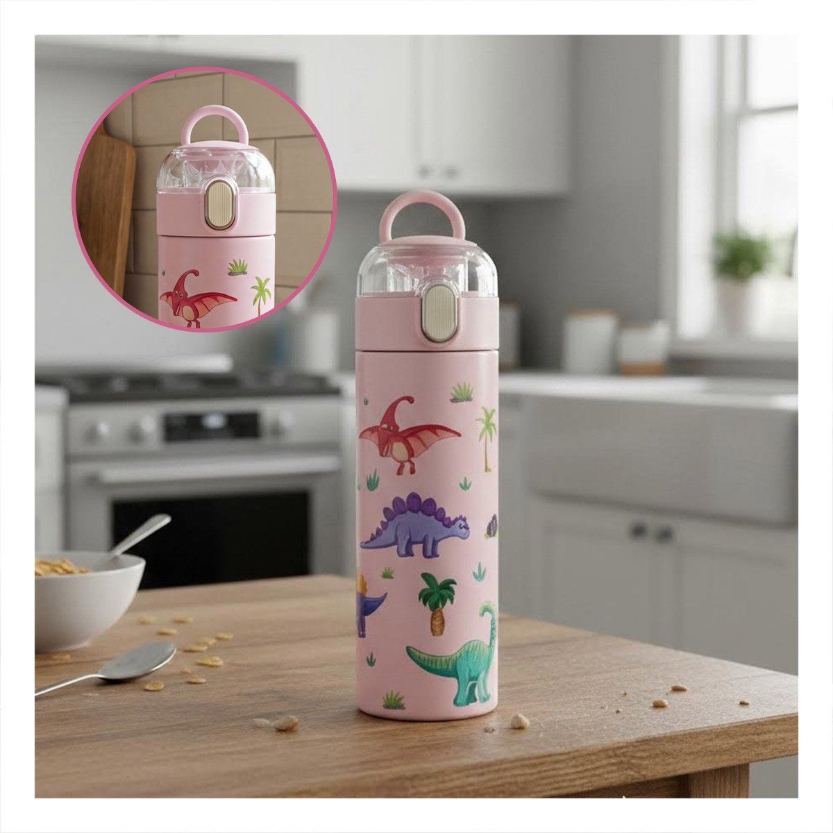 TERMO 420ML DINOSAURIO ROSADO CON TAPA HERMETICA PARA HIDRATACION DIARIA - 3