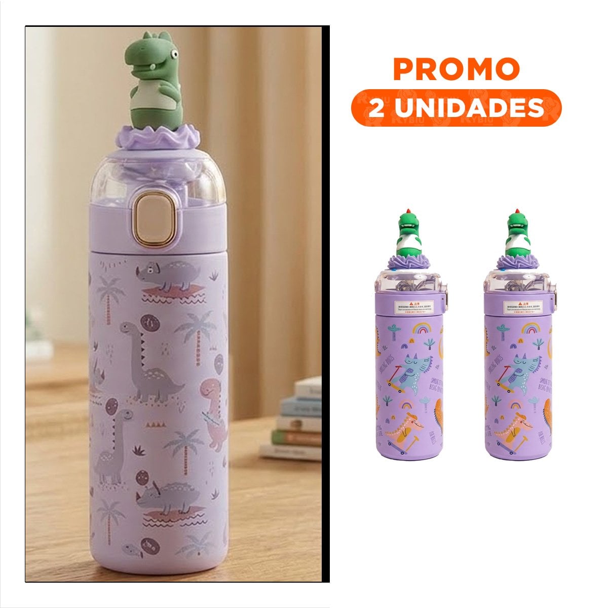 PACK2 COPO ESCOLAR 420ML DINOSAURIO 3D LILA PARA BEBIDAS EN CASA O ESCUELA YREGALO STICKER - 1