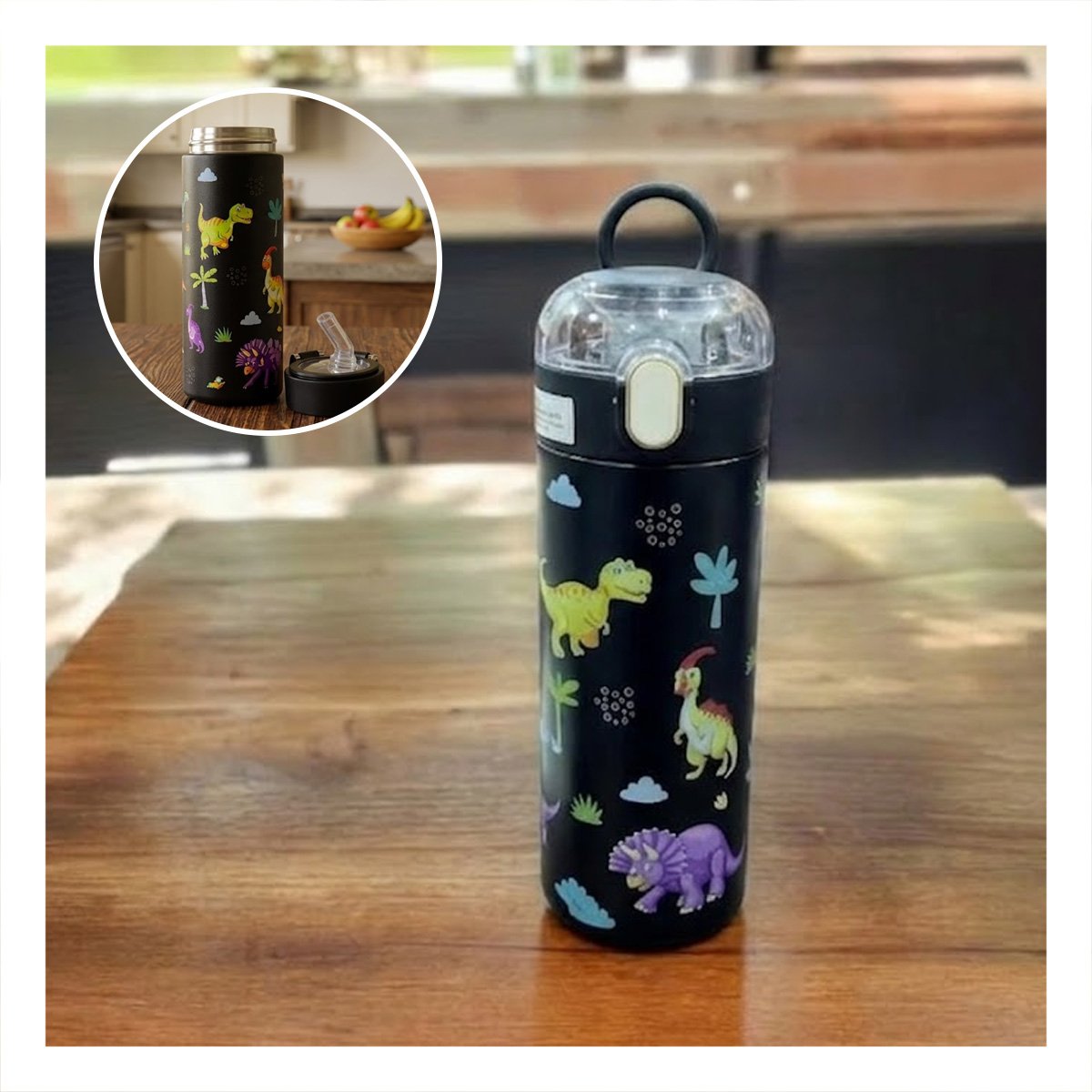 PACK6 FRASCO ESCOLAR 420ML DINOSAURIO NEGRO CON APERTURA FACIL PARA NINOS YPAPEL REGALO - 5