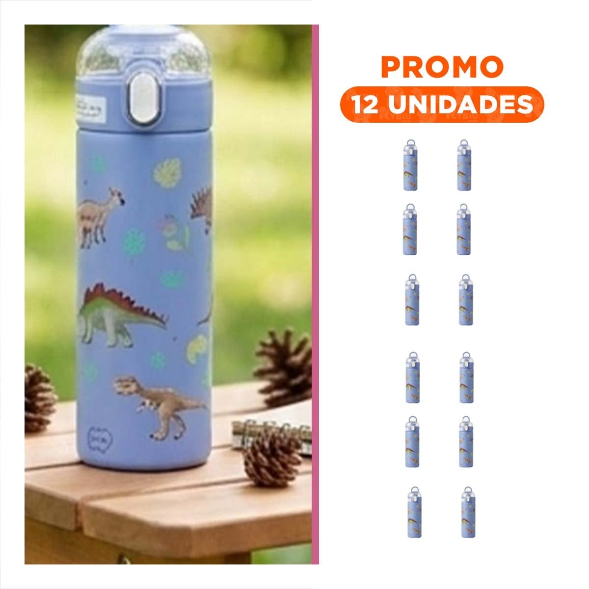 PACK12 FRASCO DIVERTIDO 420ML DINOSAURIO AZUL PARA USO ESCOLAR Y EXCURSIONES - 1