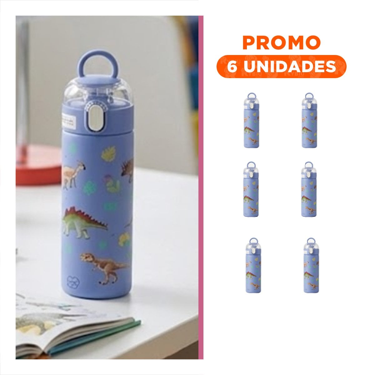 PACK6 FRASCO DIVERTIDO 420ML DINOSAURIO AZUL PARA NINOS CON TAPA HERMETICA YREGALO STICKER - 1
