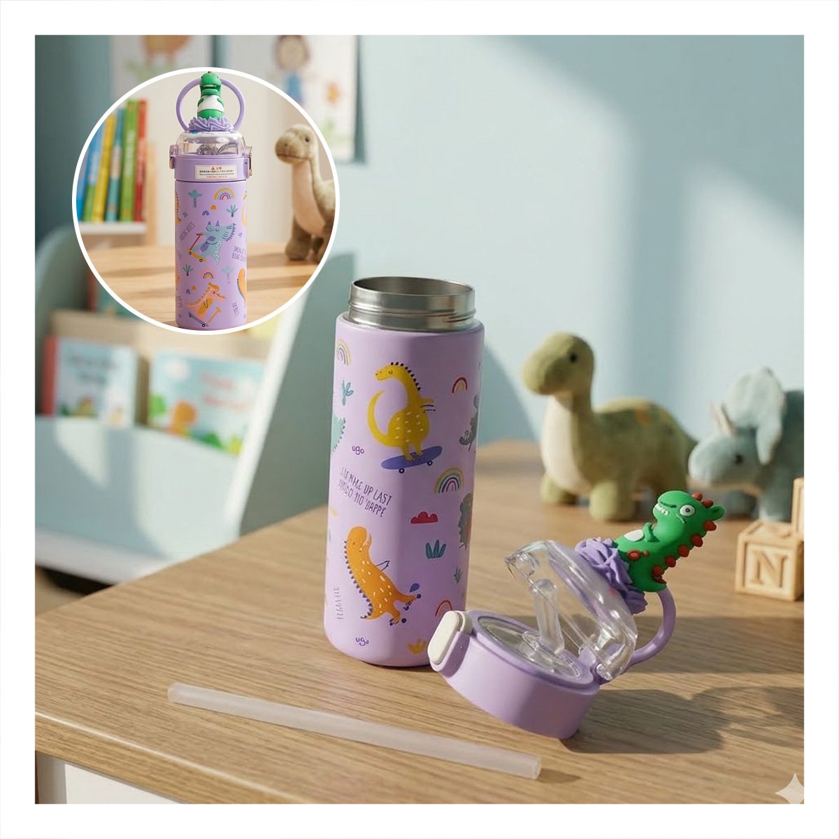 TERMO INFANTIL 420ML DINOSAURIO 3D LILA CON DISENO COLORIDO PARA NINOS YPAPEL REGALO - 2