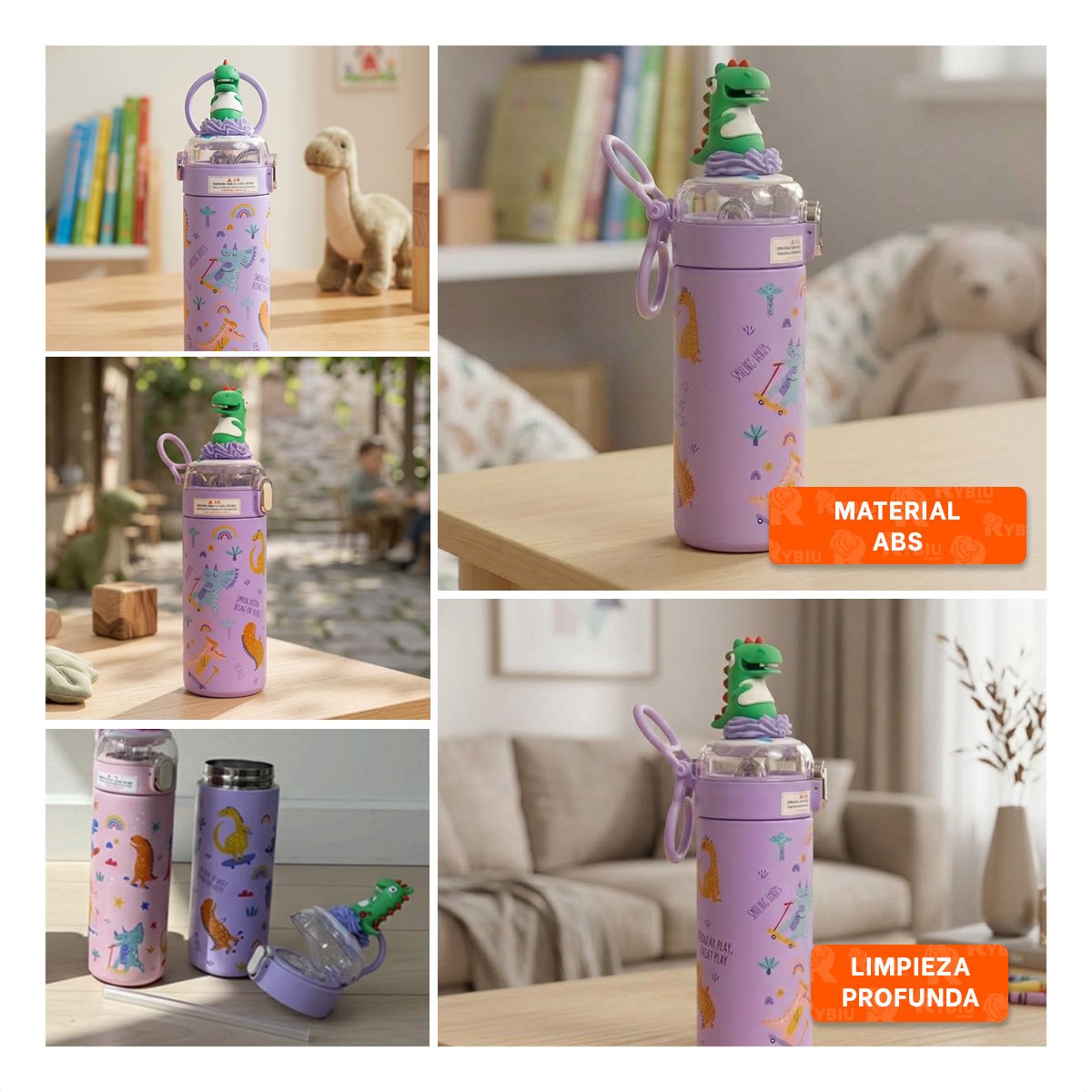 TERMO INFANTIL 420ML DINOSAURIO 3D LILA CON DISENO COLORIDO PARA NINOS YPAPEL REGALO - 3
