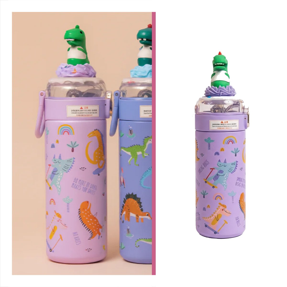 TERMO INFANTIL 420ML DINOSAURIO 3D LILA CON DISENO COLORIDO PARA NINOS YPAPEL REGALO - 5