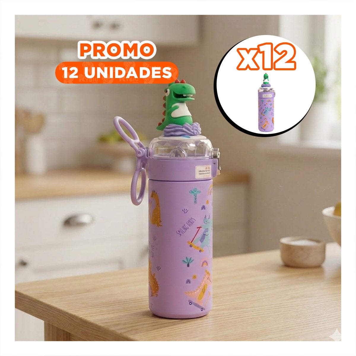 PACK12 CONTENEDOR INFANTIL 420ML DINOSAURIO 3D LILA PARA AGUA Y JUGOS EN CASA YREGALO STICKER - 1