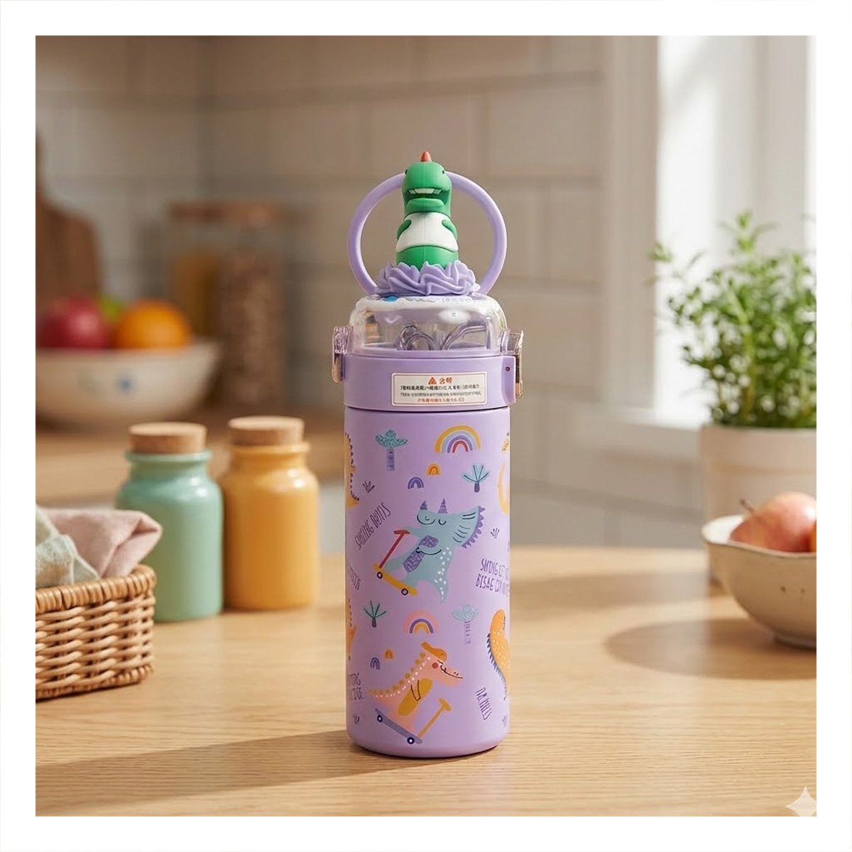 PACK12 CONTENEDOR INFANTIL 420ML DINOSAURIO 3D LILA PARA AGUA Y JUGOS EN CASA YREGALO STICKER - 5