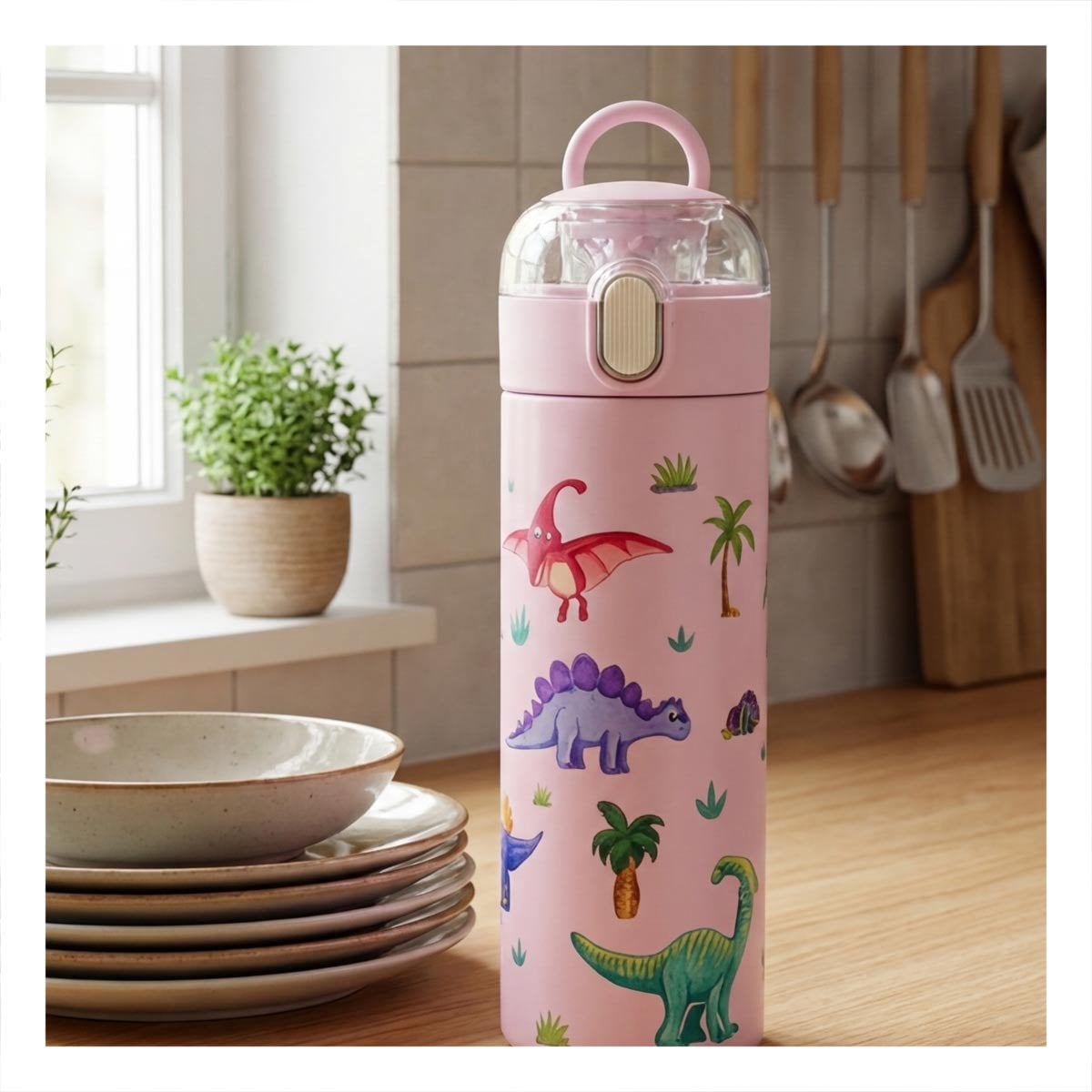 TERMO INFANTIL 420ML DINOSAURIO ROSADO CON DISENO COLORIDO PARA NINOS YPAPEL REGALO - 1
