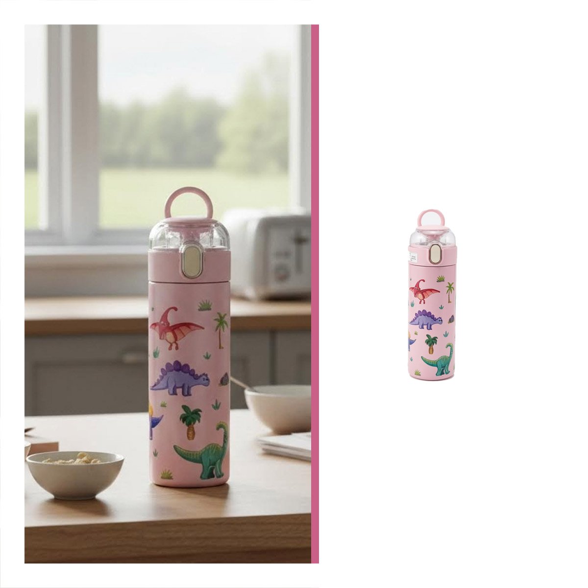 TERMO INFANTIL 420ML DINOSAURIO ROSADO CON DISENO COLORIDO PARA NINOS YPAPEL REGALO - 5