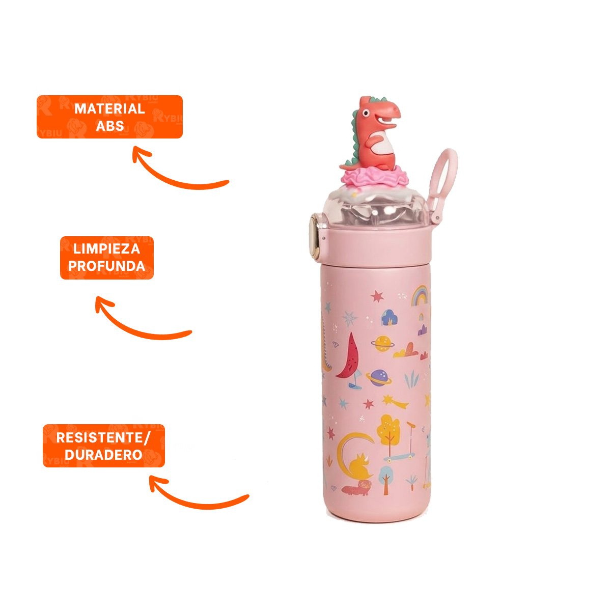 TERMO DIVERTIDO 420ML DINOSAURIO 3D ROSADO CON DISENO 3D PARA NINOS YREGALO STICKER - 1