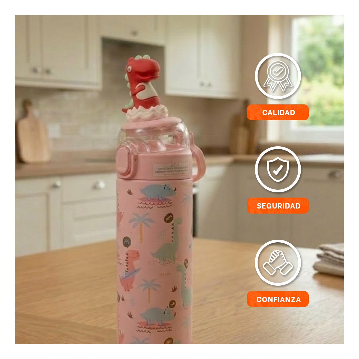 TERMO DIVERTIDO 420ML DINOSAURIO 3D ROSADO CON DISENO 3D PARA NINOS YREGALO STICKER - 2