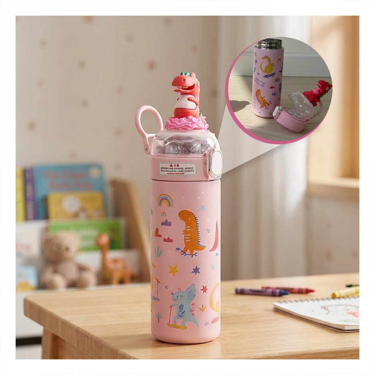 TERMO DIVERTIDO 420ML DINOSAURIO 3D ROSADO CON DISENO 3D PARA NINOS YREGALO STICKER - 5