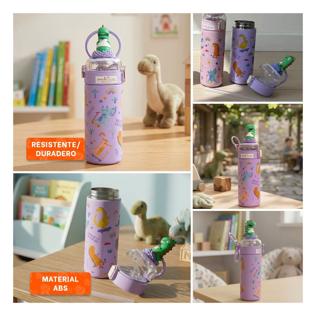 TERMO ESCOLAR 420ML DINOSAURIO 3D LILA PARA BEBIDAS FRIAS Y CALIENTES YLIGAS REGALO - 1
