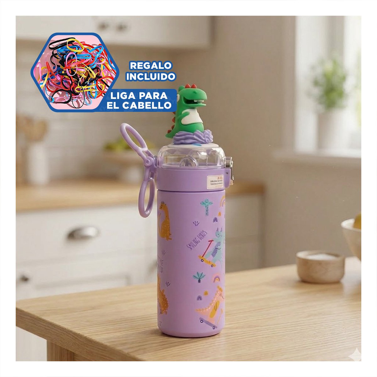 TERMO ESCOLAR 420ML DINOSAURIO 3D LILA PARA BEBIDAS FRIAS Y CALIENTES YLIGAS REGALO - 2