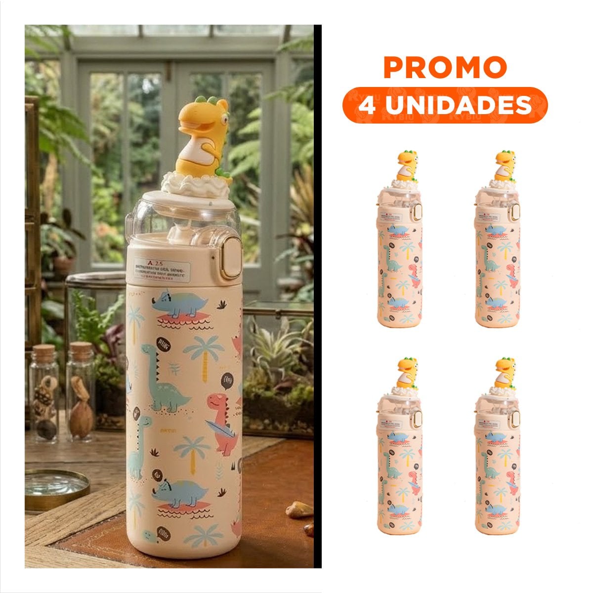 PACK4 COPO PORTATIL 420ML DINOSAURIO 3D CREMA PARA NINOS EN CASA O ESCUELA - 1