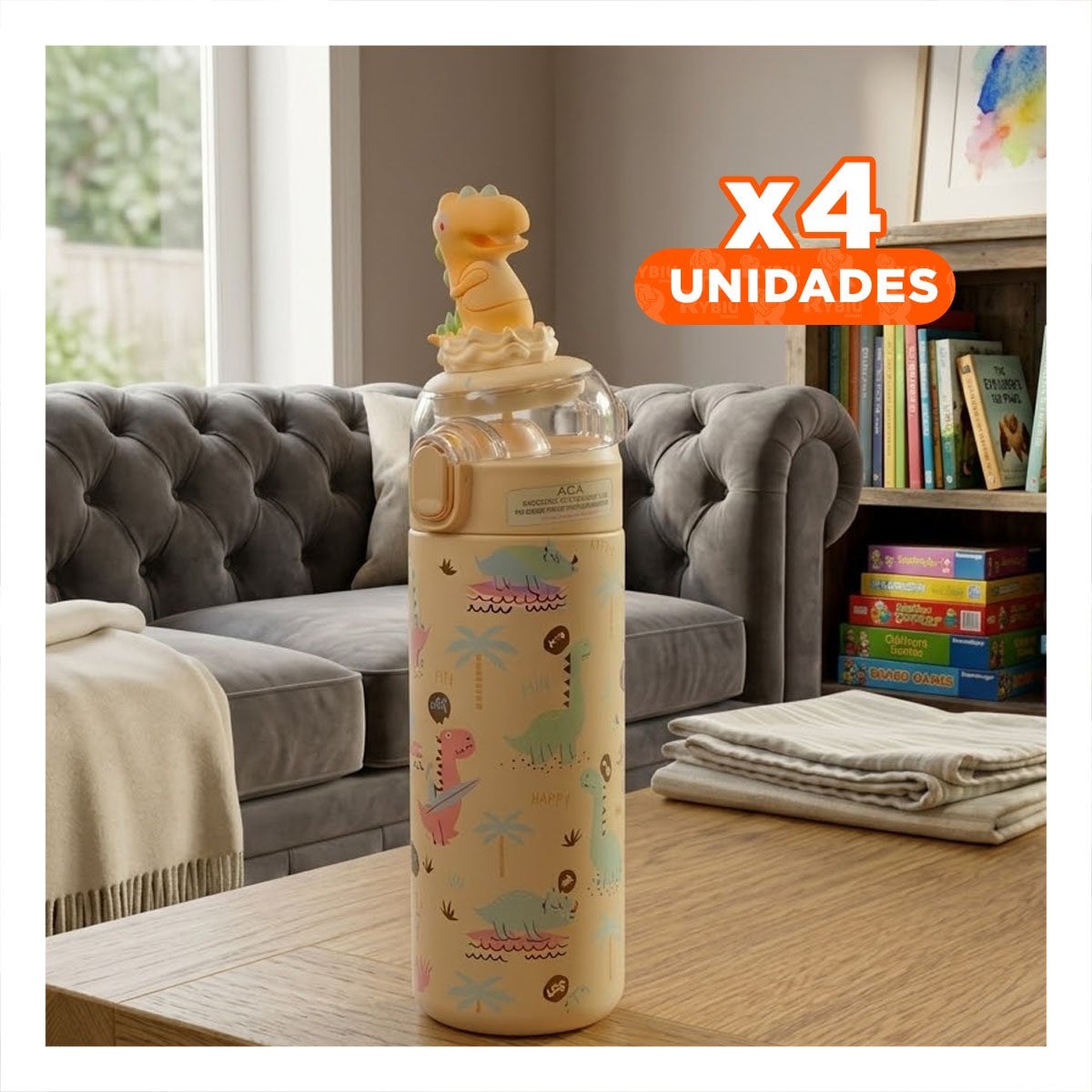 PACK4 COPO DIVERTIDO 420ML DINOSAURIO 3D CREMA PARA NINOS EN ESCUELA Y HOGAR YPAPEL REGALO - 1