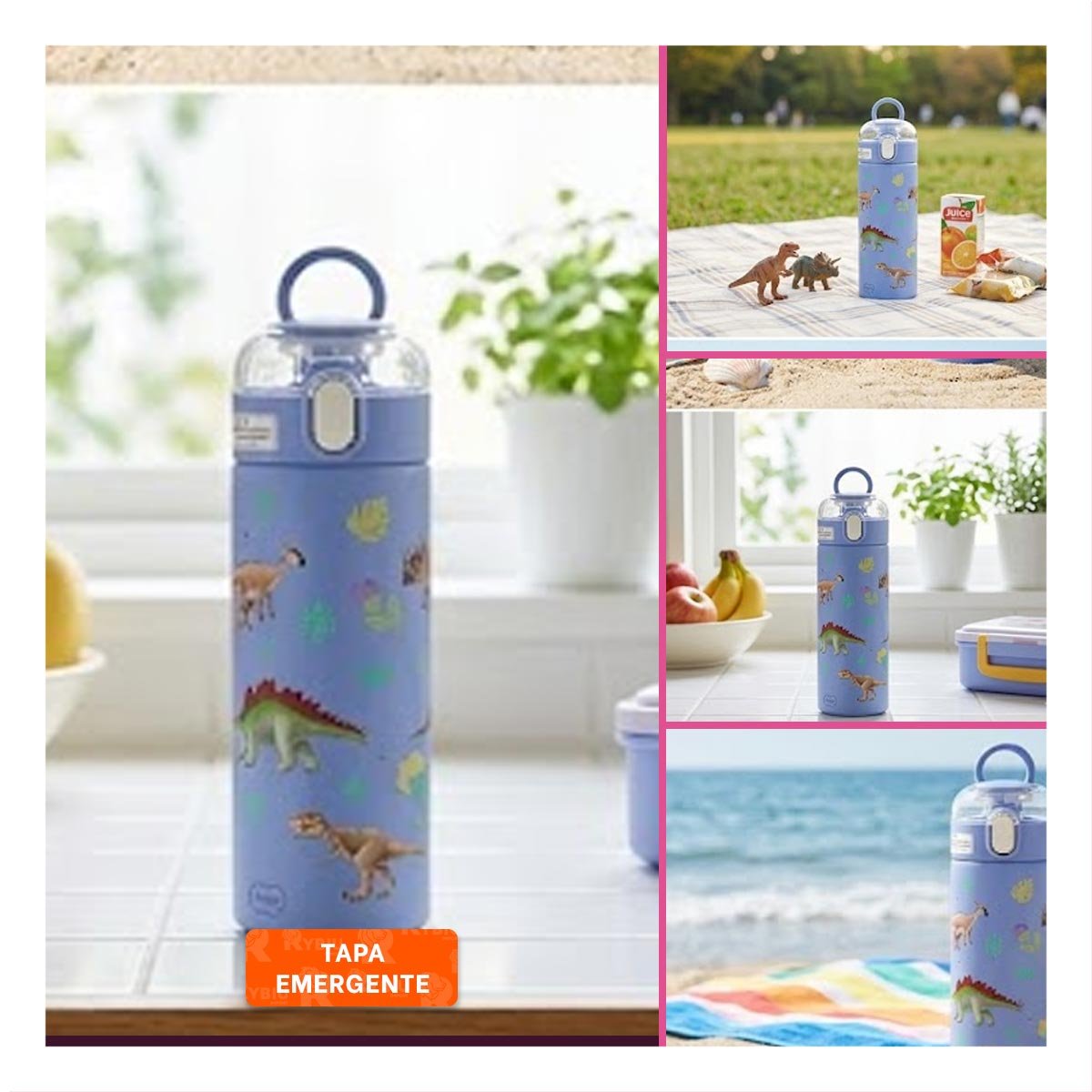 PACK4 FRASCO 420ML DINOSAURIO AZUL CON DISENO INFANTIL PARA REGALOS YREGALO STICKER - 2