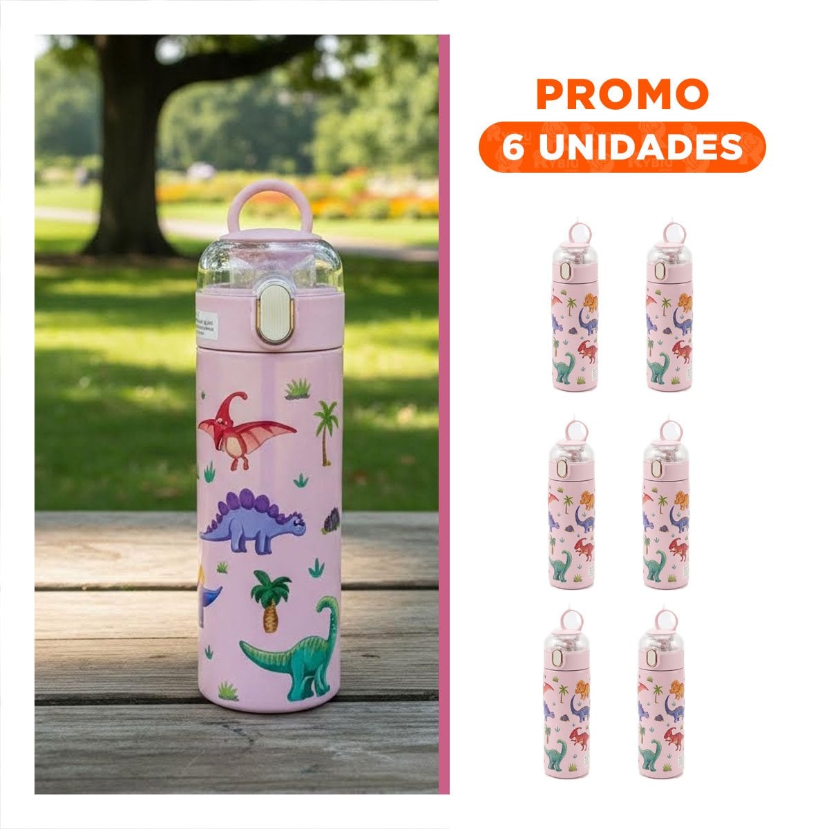 PACK6 FRASCO DIVERTIDO 420ML DINOSAURIO ROSADO PARA NINOS CON TAPA HERMETICA YREGALO STICKER - 1