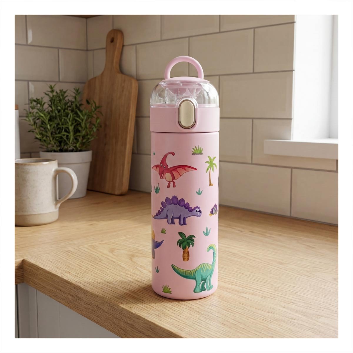 PACK6 FRASCO DIVERTIDO 420ML DINOSAURIO ROSADO PARA NINOS CON TAPA HERMETICA YREGALO STICKER - 3
