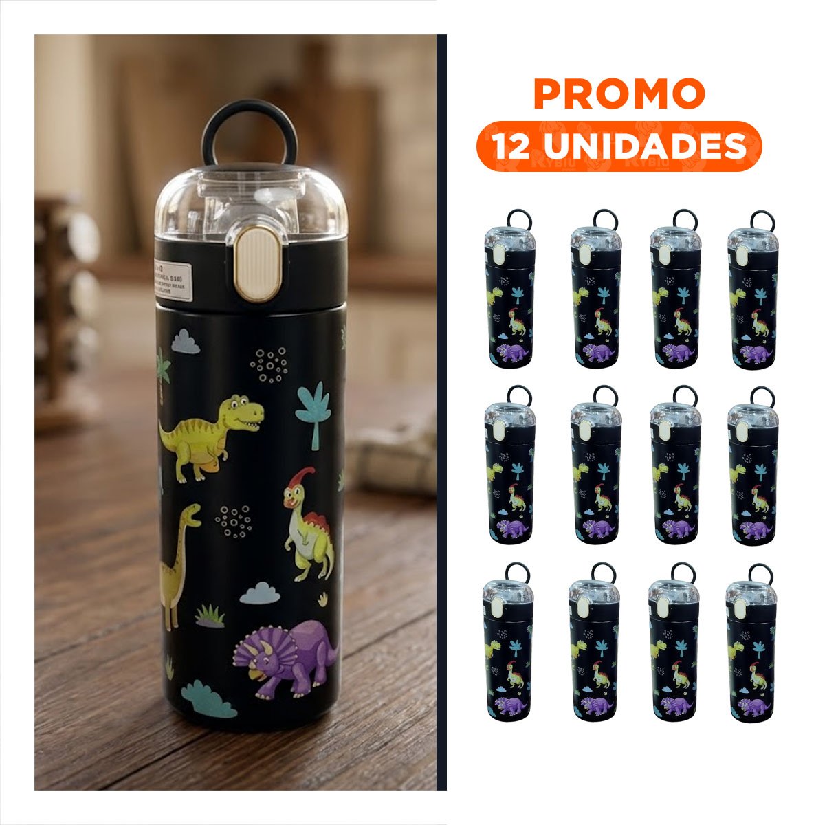 PACK12 FRASCO DIVERTIDO 420ML DINOSAURIO NEGRO PARA USO ESCOLAR Y EXCURSIONES - 1