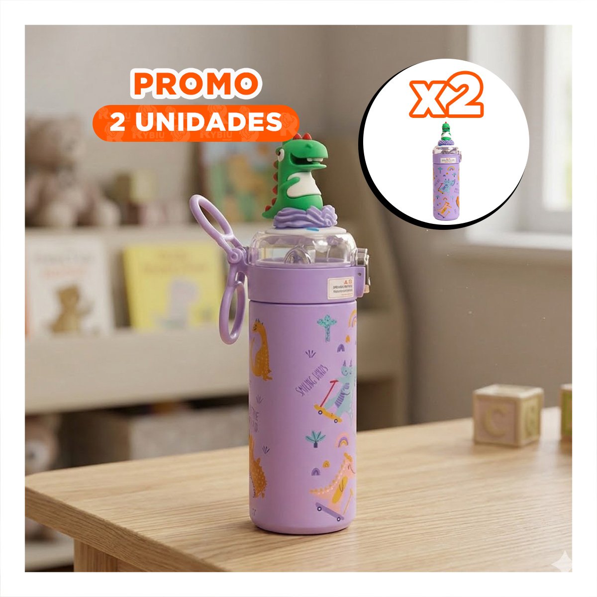 PACK2 COPO 420ML DINOSAURIO 3D LILA PARA NINOS CON TAPA FACIL DE ABRIR - 1
