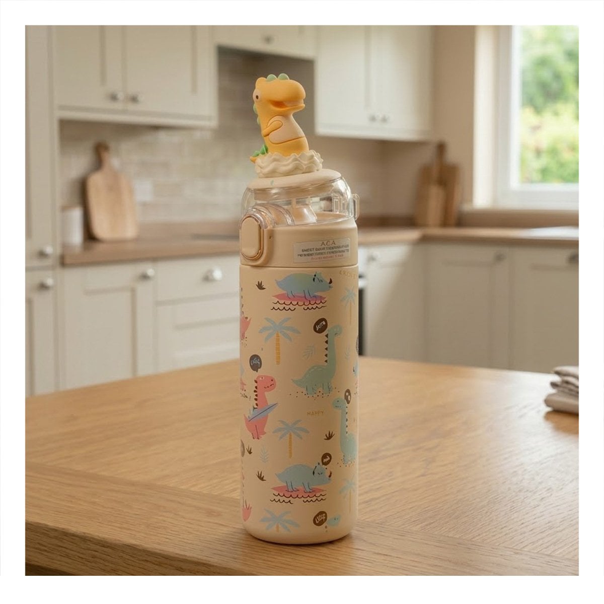 TERMO INFANTIL 420ML DINOSAURIO 3D CREMA CON DISENO COLORIDO PARA NINOS YPAPEL REGALO - 1