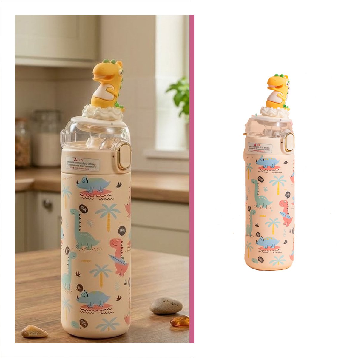 TERMO INFANTIL 420ML DINOSAURIO 3D CREMA CON DISENO COLORIDO PARA NINOS YPAPEL REGALO - 5